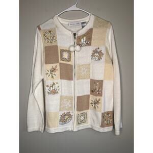 1990s Victoria Jones Cream Gold Christmas Winter Patchwork Neutral Cardigan M